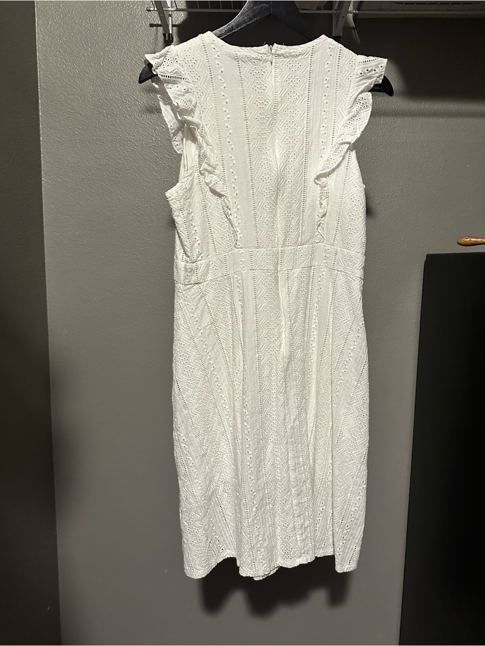 White Lace-Textured Midi Dress with Ruffle Sleeves